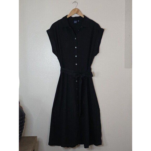 Gap Black Linen Belted Midi Shirt Dress Womens Size Medium Button Down - Picture 11 of 12